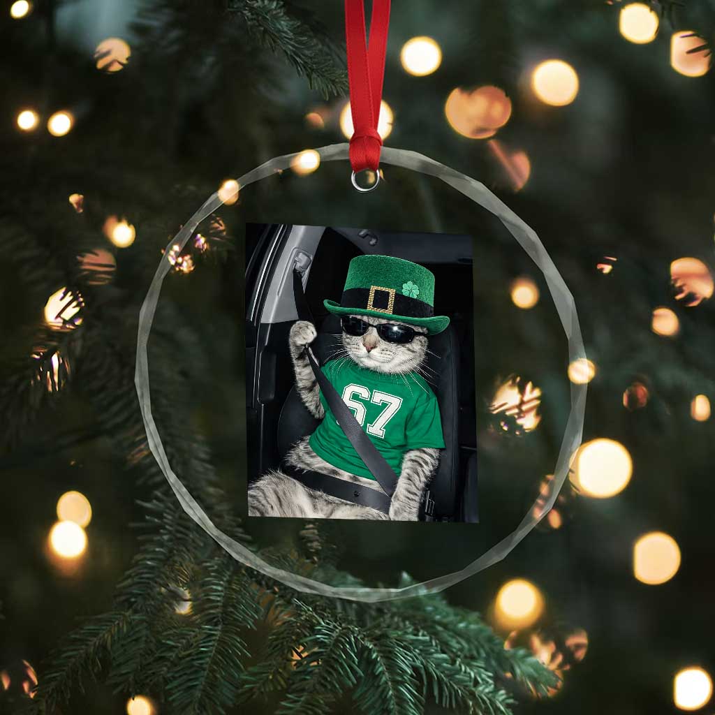 67 Cat St Patricks Day Crystal Glass Ornament Funny Cat Driver Leprechaun Meme TS14 Print Your Wear