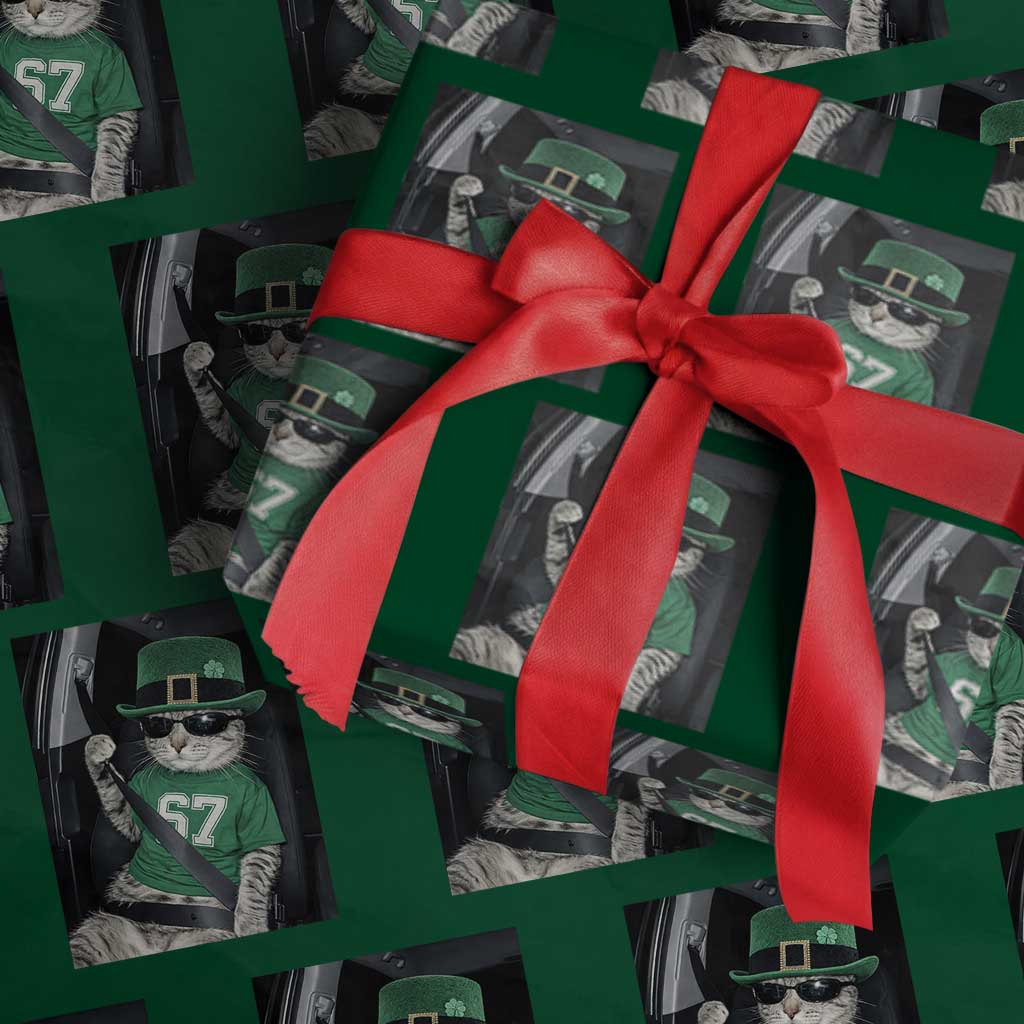 67 Cat St Patricks Day Wrapping Paper Roll Funny Cat Driver Leprechaun Meme TS14 Green Print Your Wear