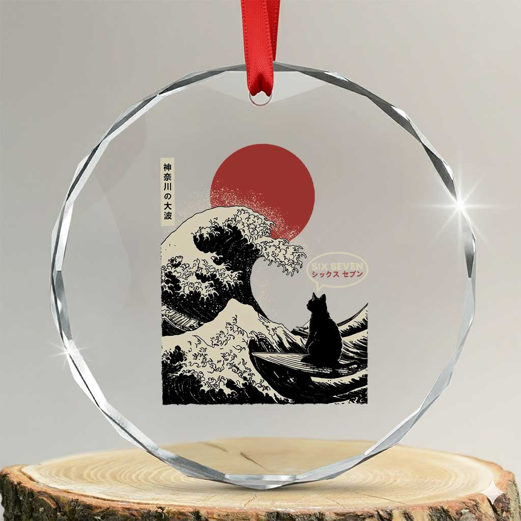67 Six Seven Bruh Meme Crystal Glass Ornament Funny Japanese Black Cat Surfing The Great Wave Kanagawa TS14 Transparent Glass 3'' Circle Print Your Wear
