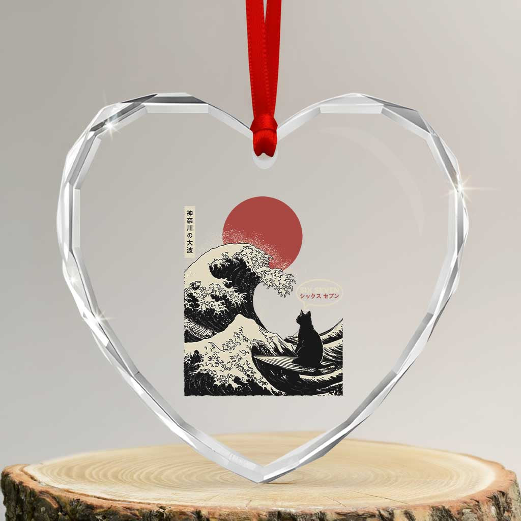 67 Six Seven Bruh Meme Heart Crystal Glass Ornament Funny Japanese Black Cat Surfing The Great Wave Kanagawa TS14 Transparent Glass 3'' Heart Print Your Wear