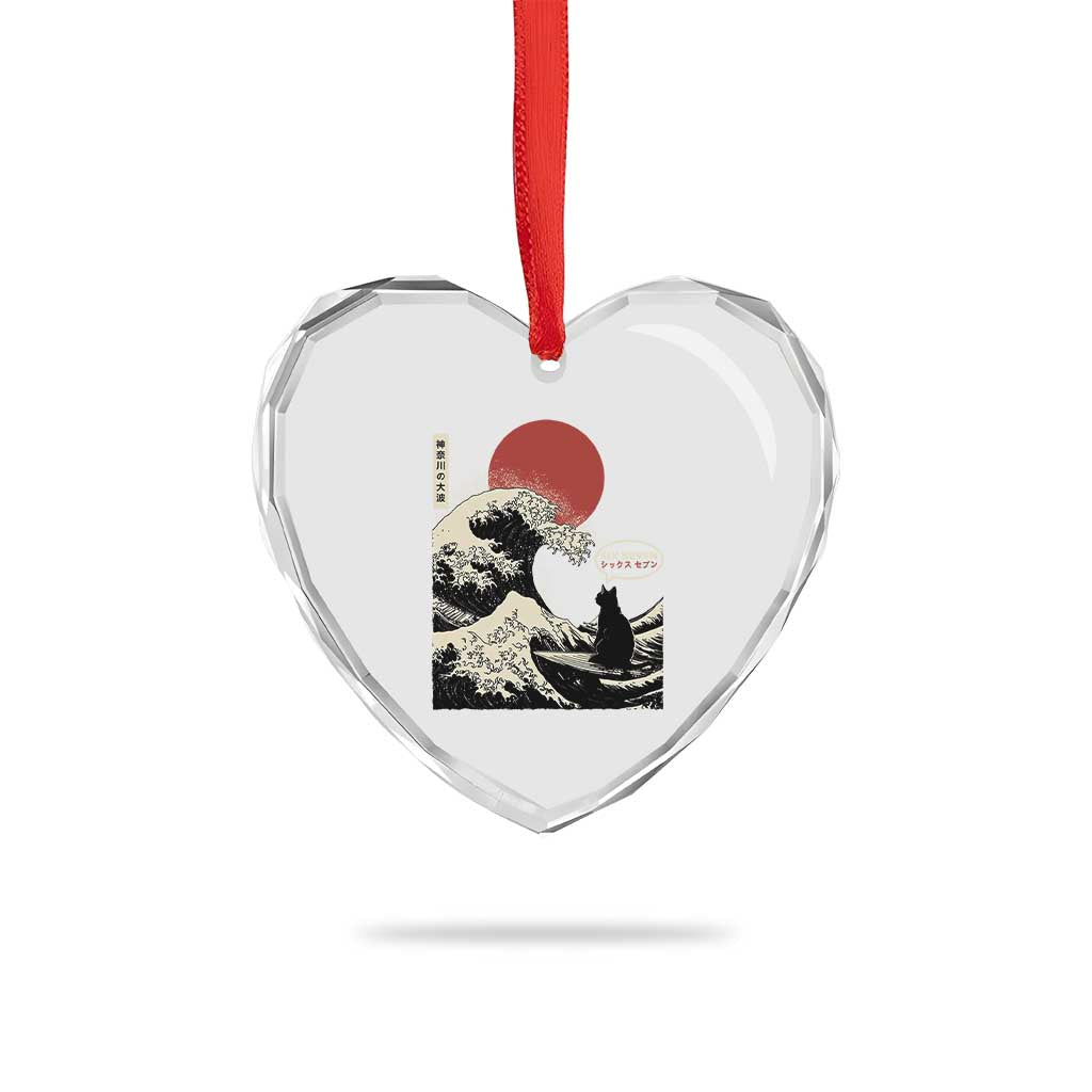 67 Six Seven Bruh Meme Heart Crystal Glass Ornament Funny Japanese Black Cat Surfing The Great Wave Kanagawa TS14 Print Your Wear