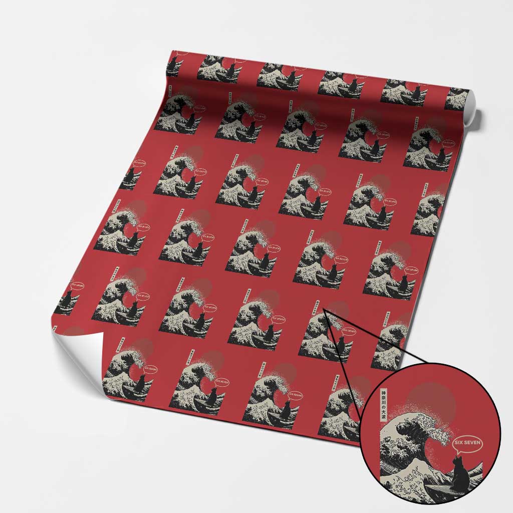 67 Six Seven Bruh Meme Wrapping Paper Roll Funny Japanese Black Cat Surfing The Great Wave Kanagawa TS14 Red Print Your Wear
