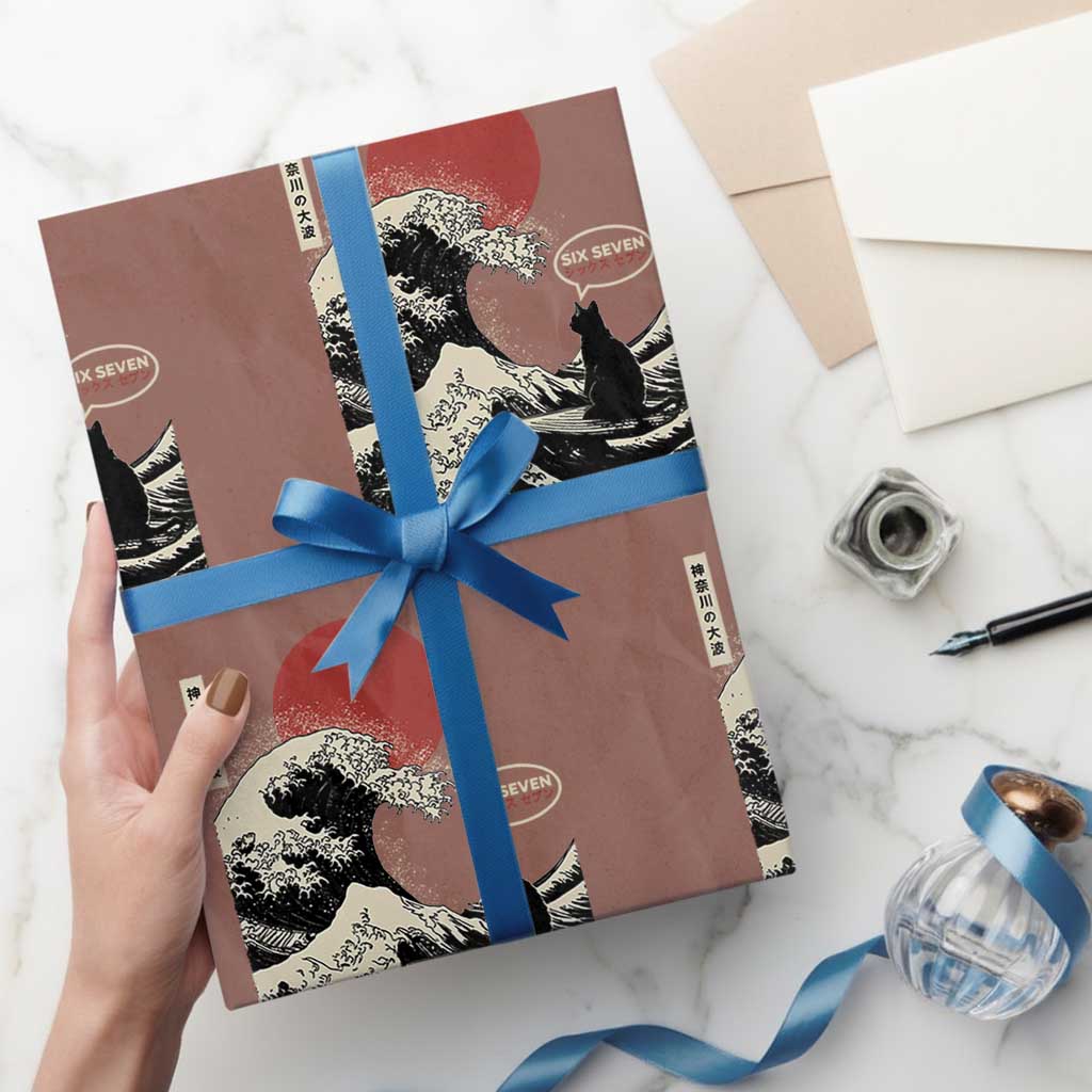 67 Six Seven Bruh Meme Wrapping Paper Roll Funny Japanese Black Cat Surfing The Great Wave Kanagawa TS14 Mocha Print Your Wear