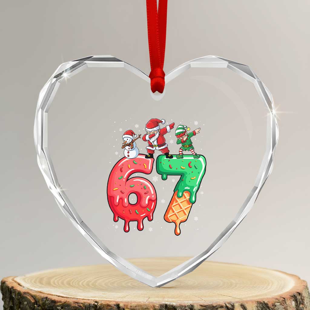 67 Six Seven Christmas Heart Crystal Glass Ornament Funny Dabbing Santa Elf Friends 6 7 Meme Gen Alpha Slang TS10 Transparent Glass 3'' Heart Print Your Wear