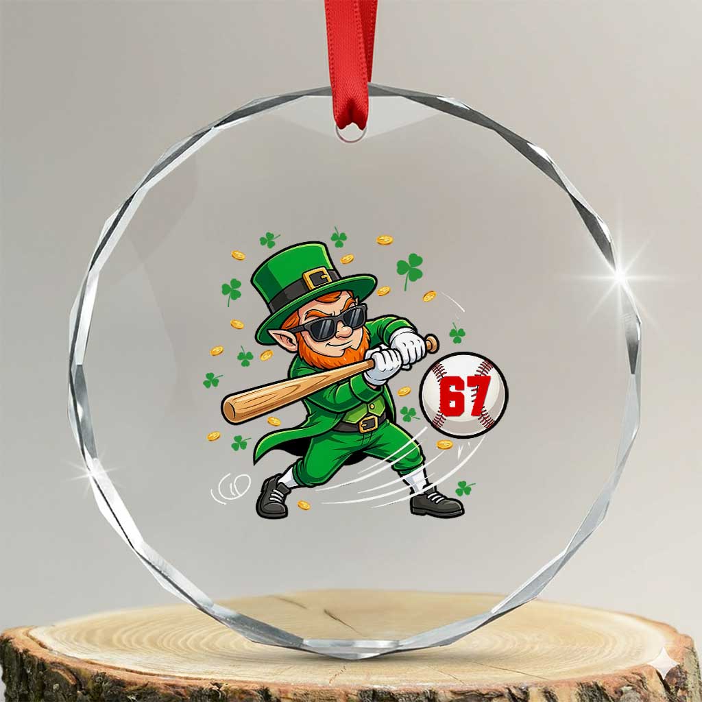 67 St Patricks Day Crystal Glass Ornament Funny Six Seven Leprechaun Playing Baseball Meme TS14 Transparent Glass 3'' Circle Print Your Wear