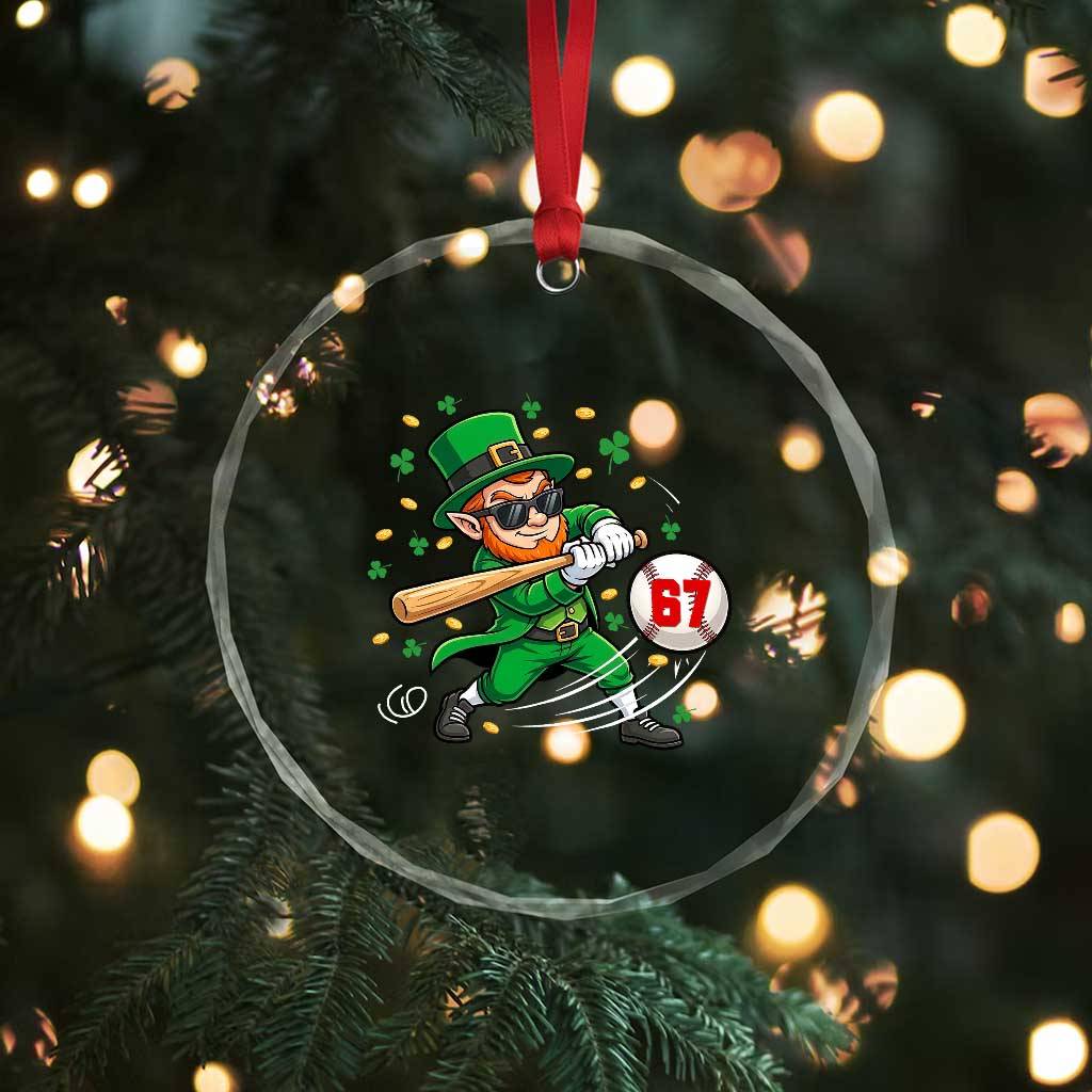 67 St Patricks Day Crystal Glass Ornament Funny Six Seven Leprechaun Playing Baseball Meme TS14 Print Your Wear