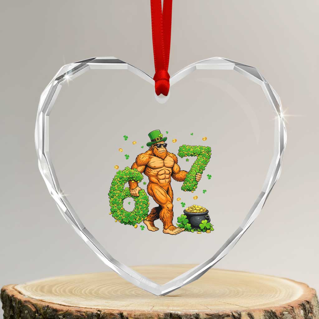 67 St Patricks Day Heart Crystal Glass Ornament Funny Bigfoot Six Seven Shamrock Party Meme TS14 Transparent Glass 3'' Heart Print Your Wear