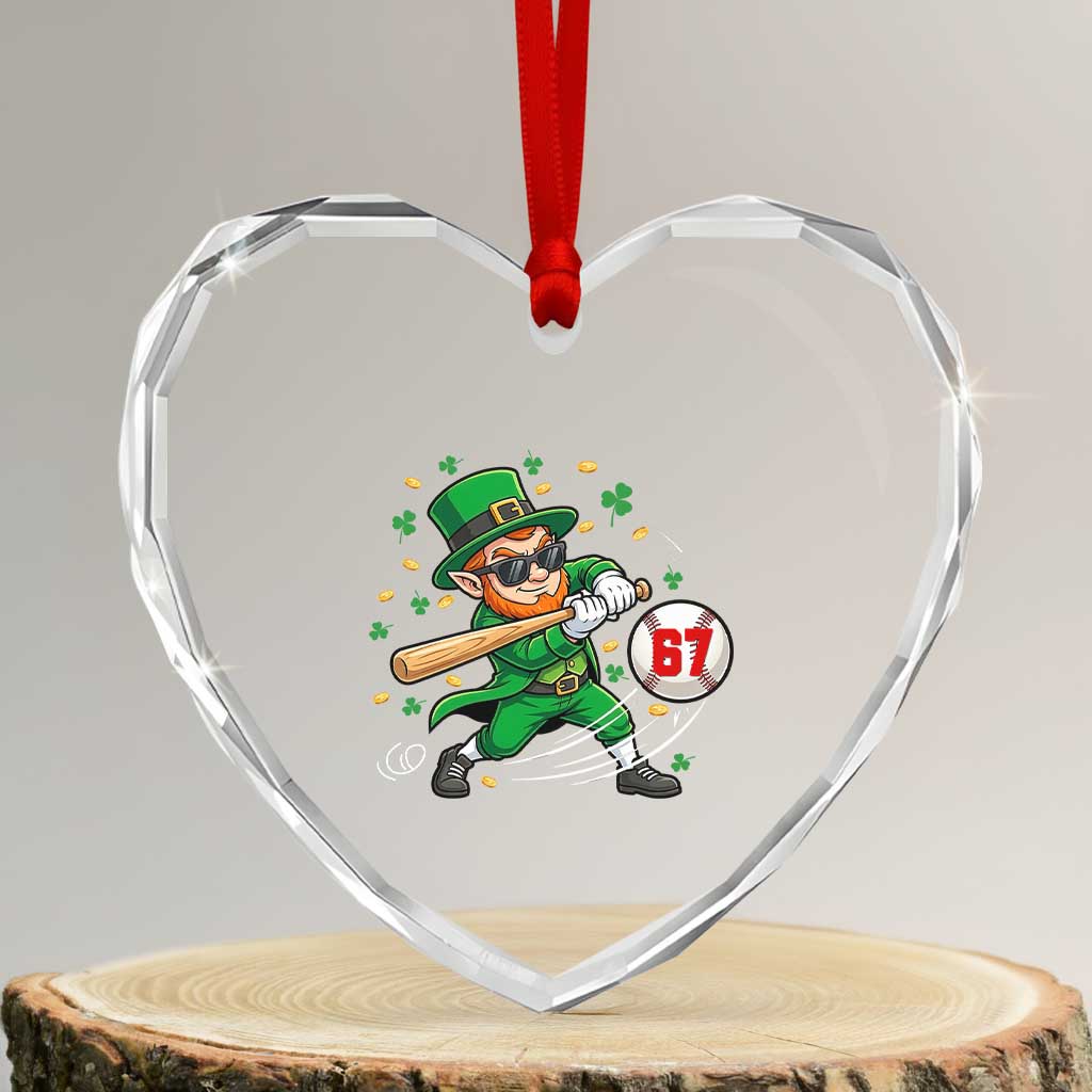 67 St Patricks Day Heart Crystal Glass Ornament Funny Six Seven Leprechaun Playing Baseball Meme TS14 Transparent Glass 3'' Heart Print Your Wear
