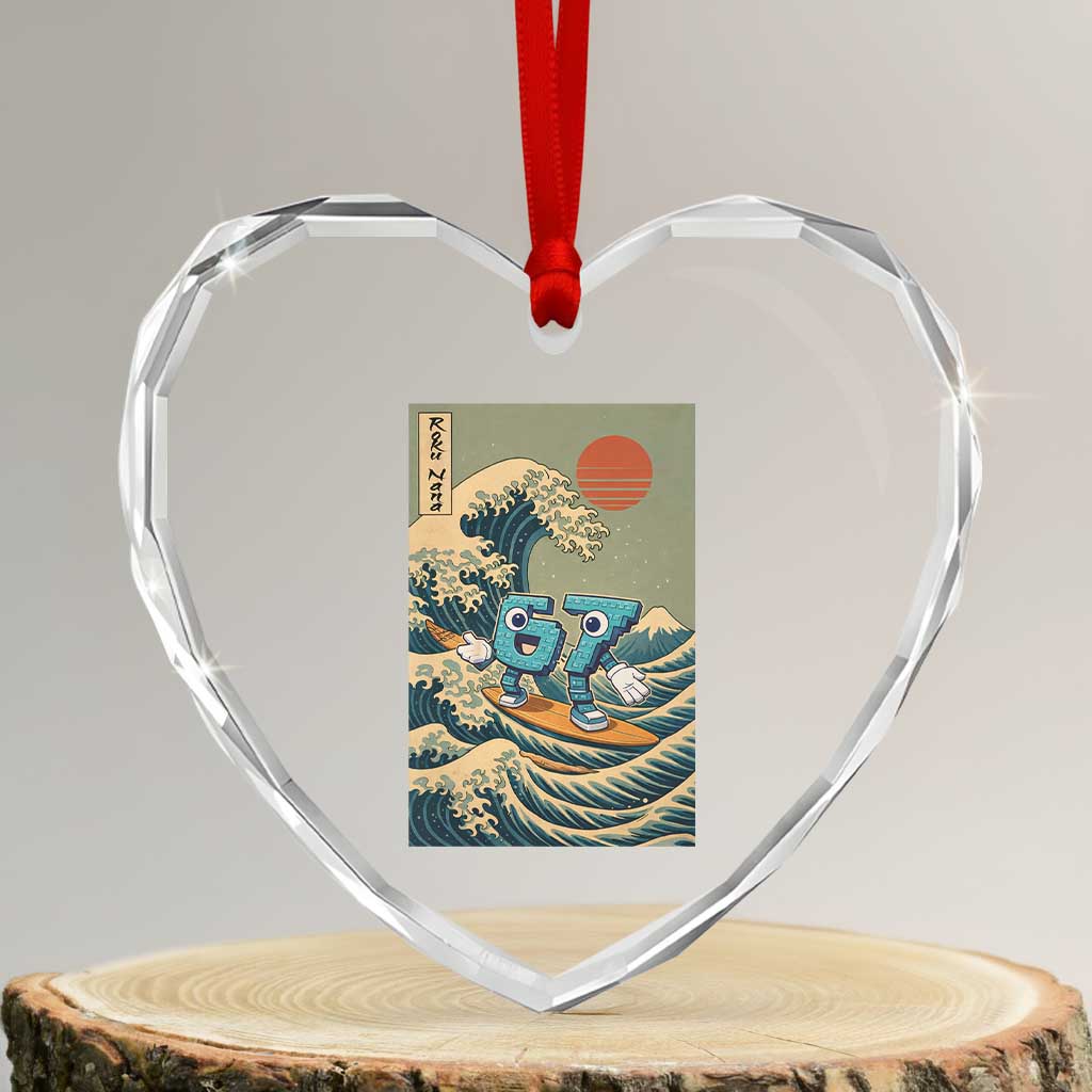 67 Surfing Japanese Heart Crystal Glass Ornament Funny Great Wave Off Kanagawa Six Seven Brainrot Meme TS10 Transparent Glass 3'' Heart Print Your Wear