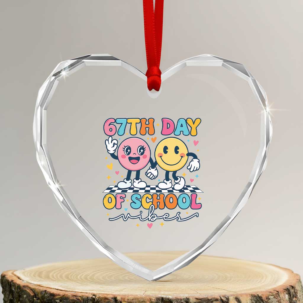67th Day of School Vibes Heart Crystal Glass Ornament Cute Retro Smiling Face for Students & Teachers TS02 Transparent Glass 3'' Heart Print Your Wear