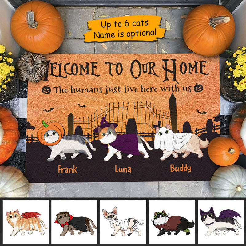 Personalized Halloween Doormat The Humans Just Live Here Halloween Cats CTM Custom - Printyourwear