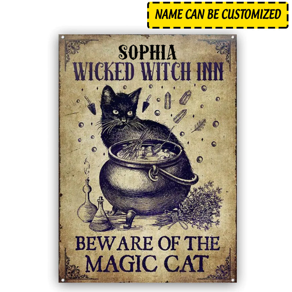 Halloween Personalized Metal Signs Wicked Witch Inn Beware Of The Magic Cat CTM One Size 24x18 inch (60.96x45.72 cm) Custom - Printyourwear