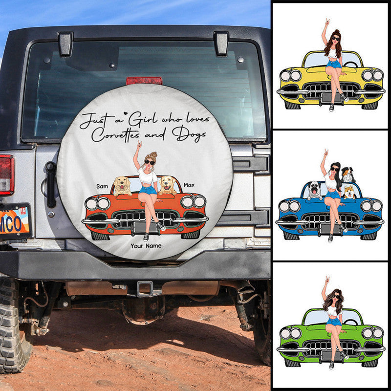 Custom JP Tire Cover With Camera Hole, Just A Girl Who Loves Corvettes And Dogs Spare Tire Cover CTM Custom - Printyourwear