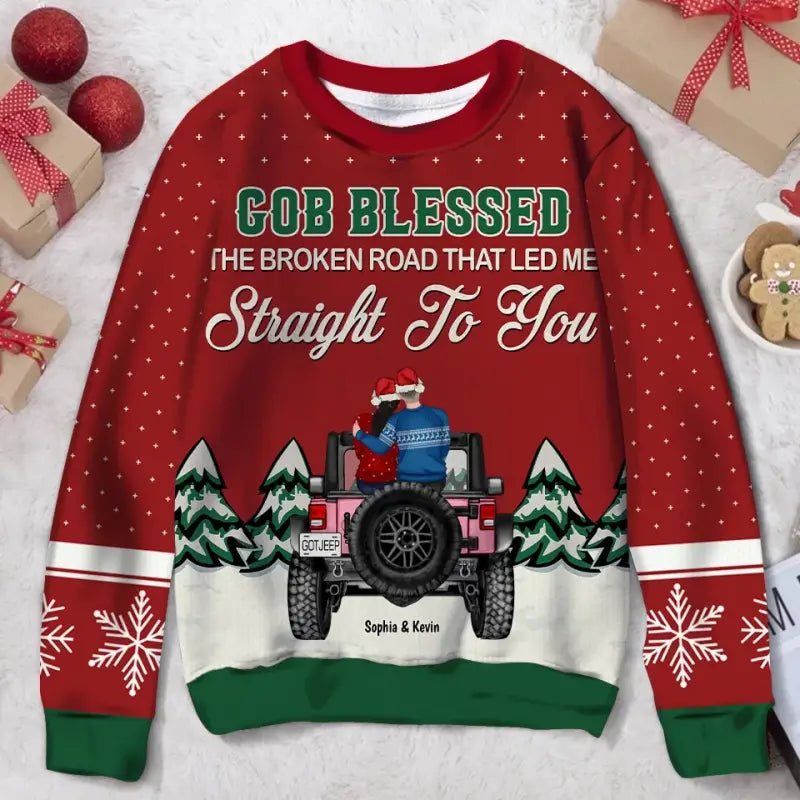 Personalized JP Ugly Christmas Sweater God Blessed The Broken Road That Led Me Straight To You, Gift for JP Couple CTM Kid Custom - Printyourwear