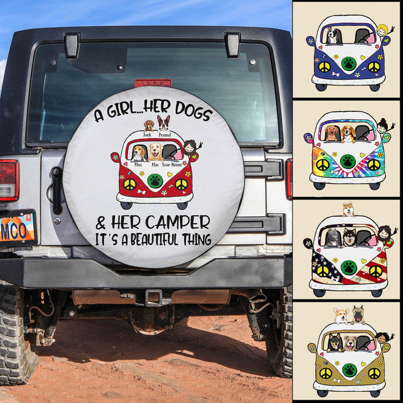 Custom JP Tire Cover With Camera Hole, Camping Her Camper Her Dogs Hippie Spare Tire Cover CTM Custom - Printyourwear