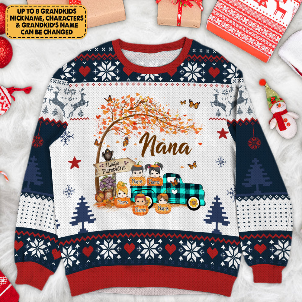 Personalized Nanas Little Pumpkins Autumn Truck Shirts With Grandkids Names, Nana Truck Christmas All Over Print Sweatshirt CTM Unisex Custom - Printyourwear