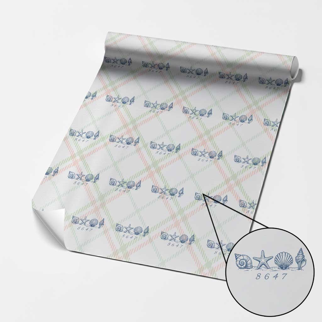 8647 Sea Shells Starfish Vintage Coastal Blue Line Graphic Wrapping Paper Roll Coded Political Satire