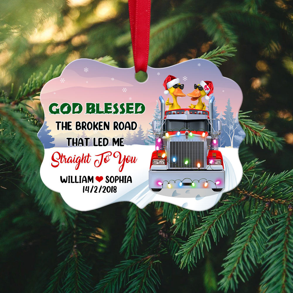 Personalized JP Christmas Ornaments God Blessed The Broken Road Gifts For Couple Trucker Duck Couple Wearing Sunglasses CTM Ornament Custom - Printyourwear
