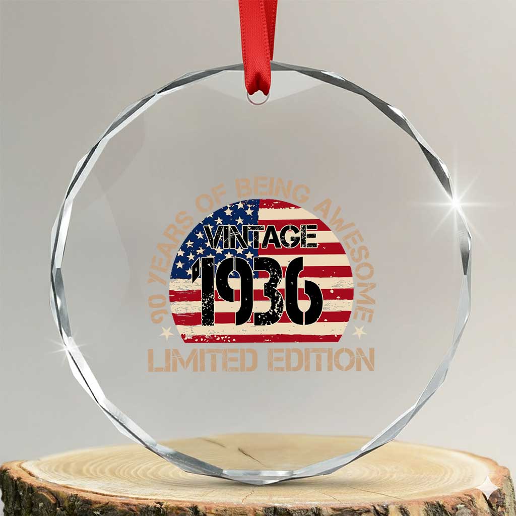 90th Birthday Crystal Glass Ornament Vintage 1936 90 Year Old Birthday USA Flag TS10 Transparent Glass 3'' Circle Print Your Wear