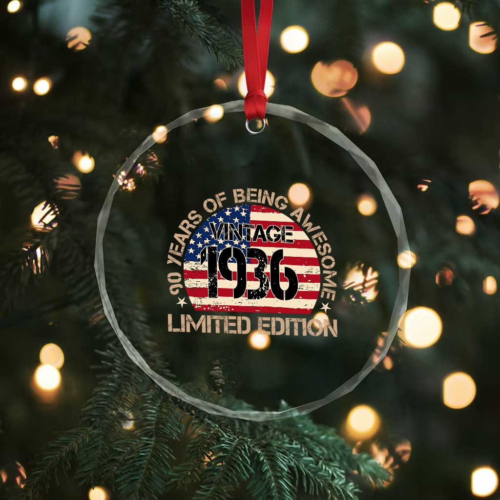 90th Birthday Crystal Glass Ornament Vintage 1936 90 Year Old Birthday USA Flag TS10 Print Your Wear