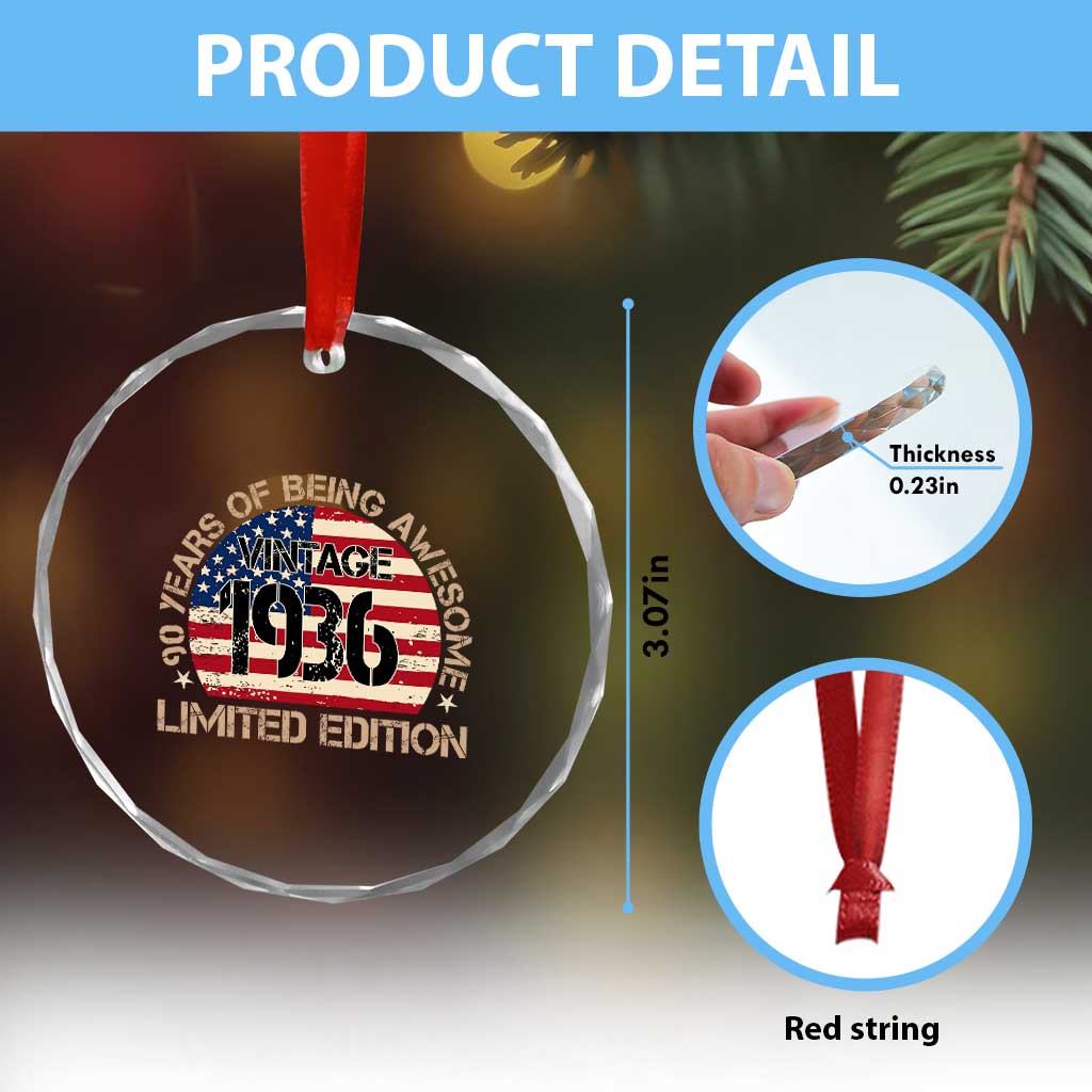 90th Birthday Crystal Glass Ornament Vintage 1936 90 Year Old Birthday USA Flag TS10 Print Your Wear