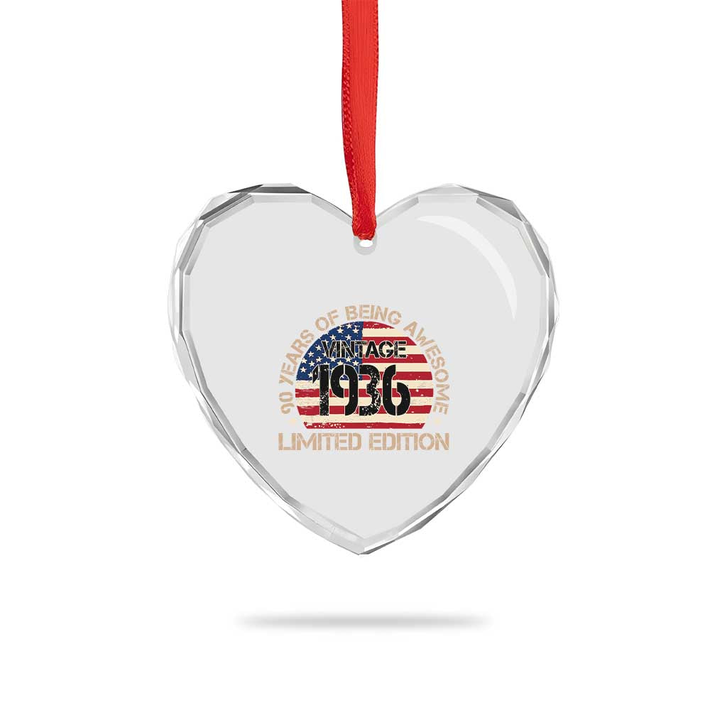 90th Birthday Heart Crystal Glass Ornament Vintage 1936 90 Year Old Birthday USA Flag TS10 Print Your Wear