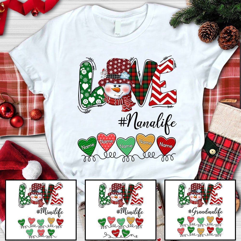 Custom JP Shirt Love Nana Life Heart Nana With Grandkids Name Snowman CTM Youth Custom - Printyourwear