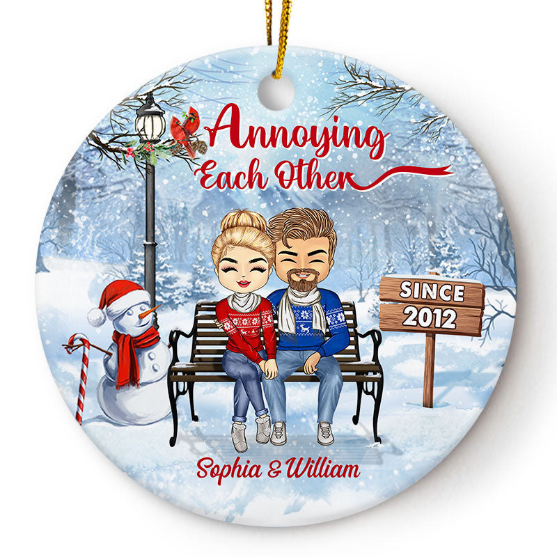 Personalized JP Christmas Ornaments Family Couple Annoying Each Other Since Circle Ceramic CTM Ornament Custom - Printyourwear