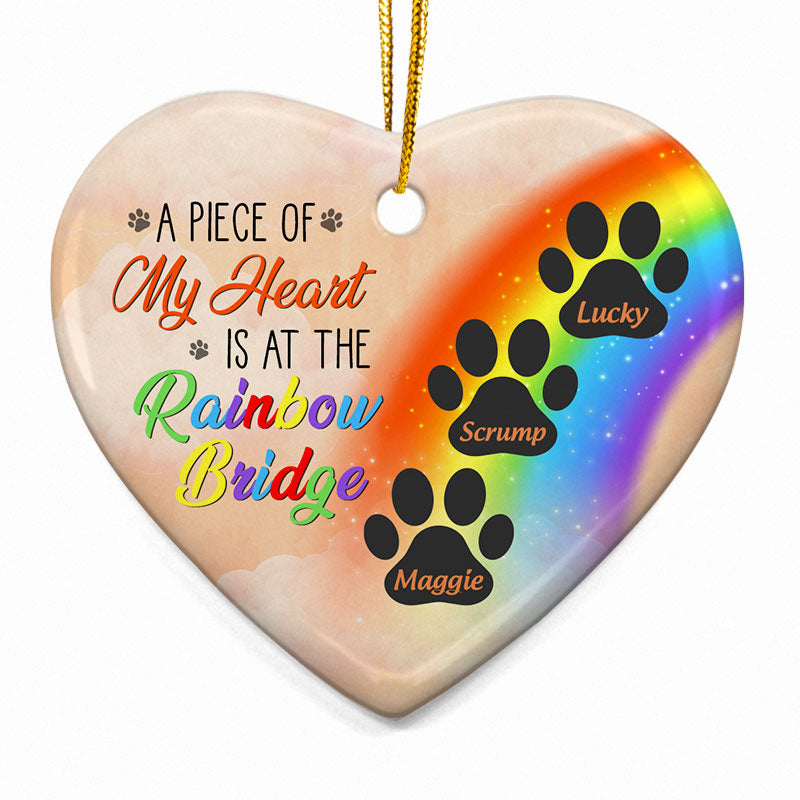 Personalized JP Christmas Ornaments A Piece Of My Heart Is At The Rainbow Bridge Dog Memorial Gift Heart Ceramic CTM Ornament Custom - Printyourwear
