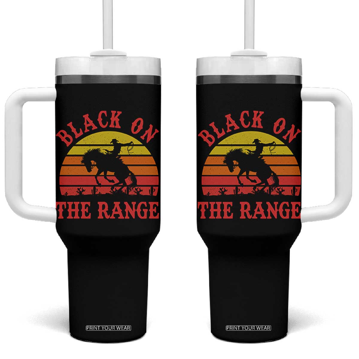 African American Black Cowboy Tumbler With Handle Black On The Range Rodeo TS11 One Size: 40 oz Black Print Your Wear