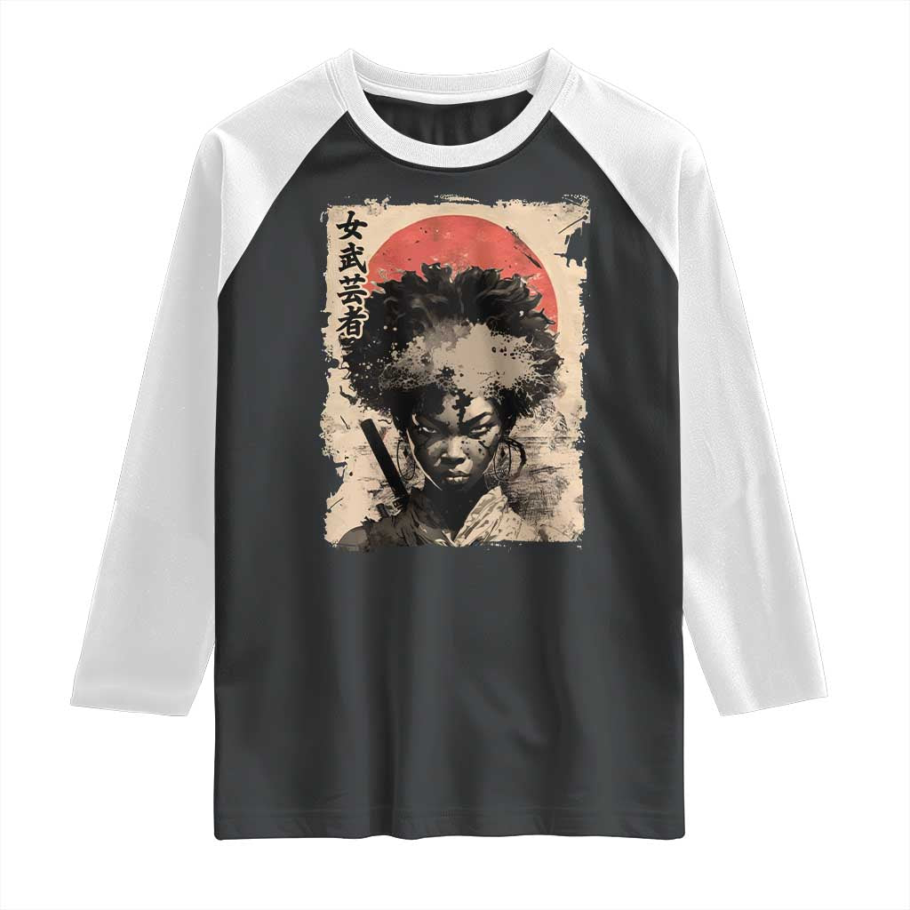 African American Female Samurai Warrior Raglan Shirt Japanese Art Black Onna Bugeisha TS11 Black White Print Your Wear