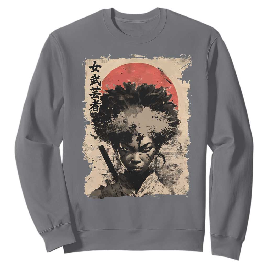 African American Female Samurai Warrior Sweatshirt Japanese Art Black Onna Bugeisha TS11 Charcoal Print Your Wear