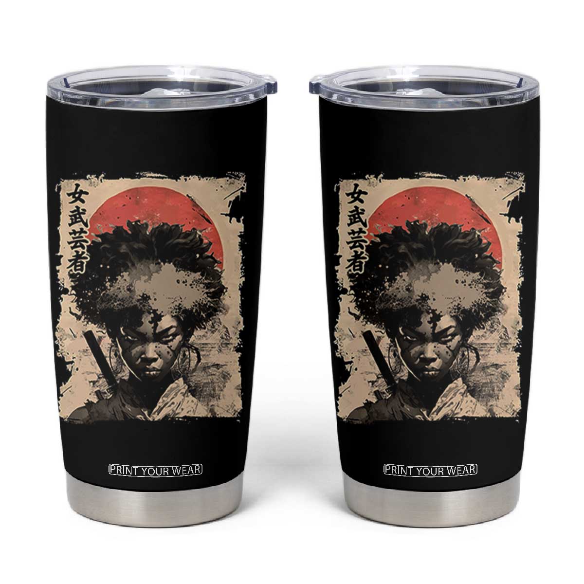 African American Female Samurai Warrior Tumbler Cup Japanese Art Black Onna Bugeisha TS11 Black Print Your Wear