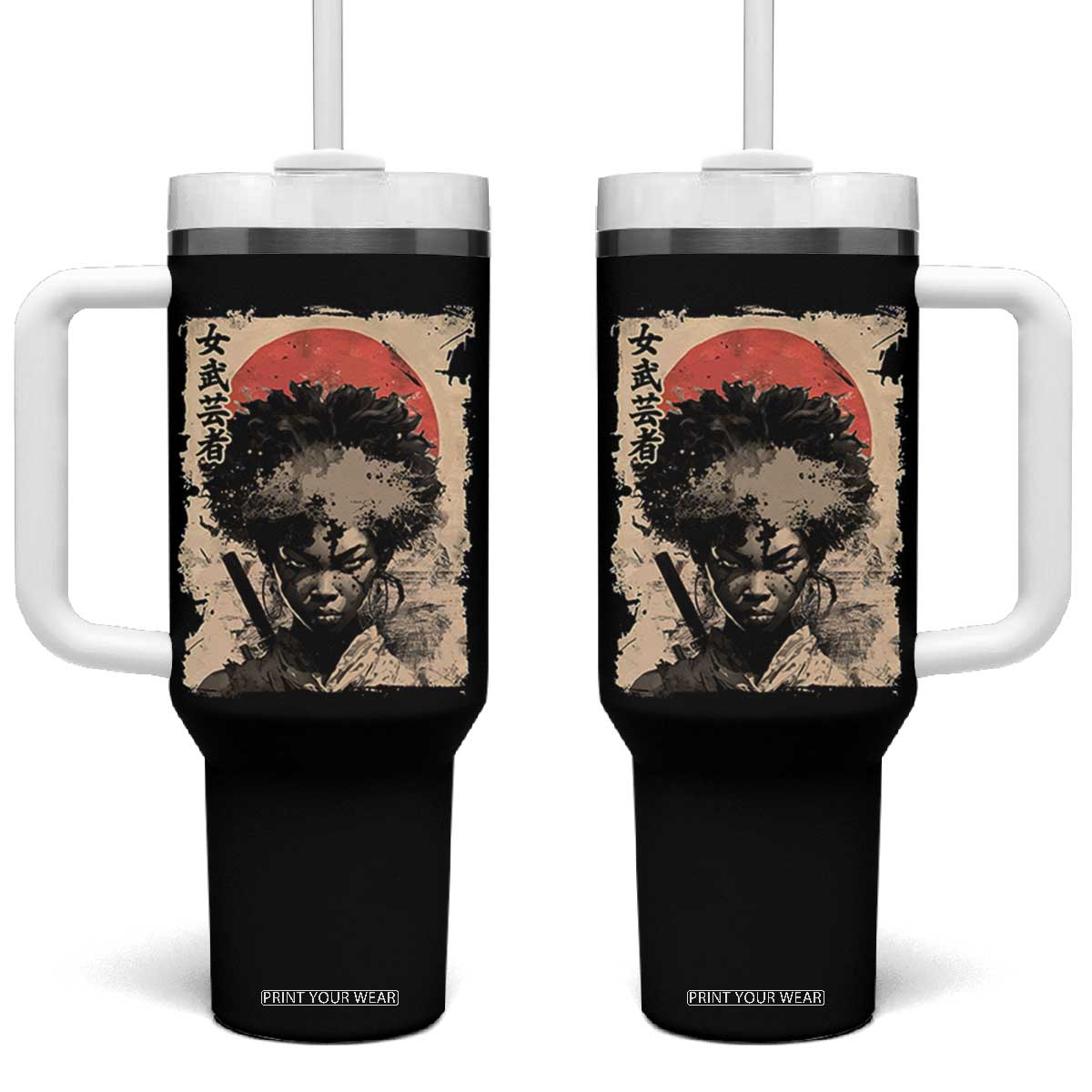 African American Female Samurai Warrior Tumbler With Handle Japanese Art Black Onna Bugeisha TS11 One Size: 40 oz Black Print Your Wear