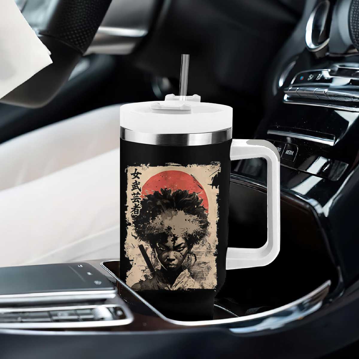 African American Female Samurai Warrior Tumbler With Handle Japanese Art Black Onna Bugeisha TS11 Print Your Wear