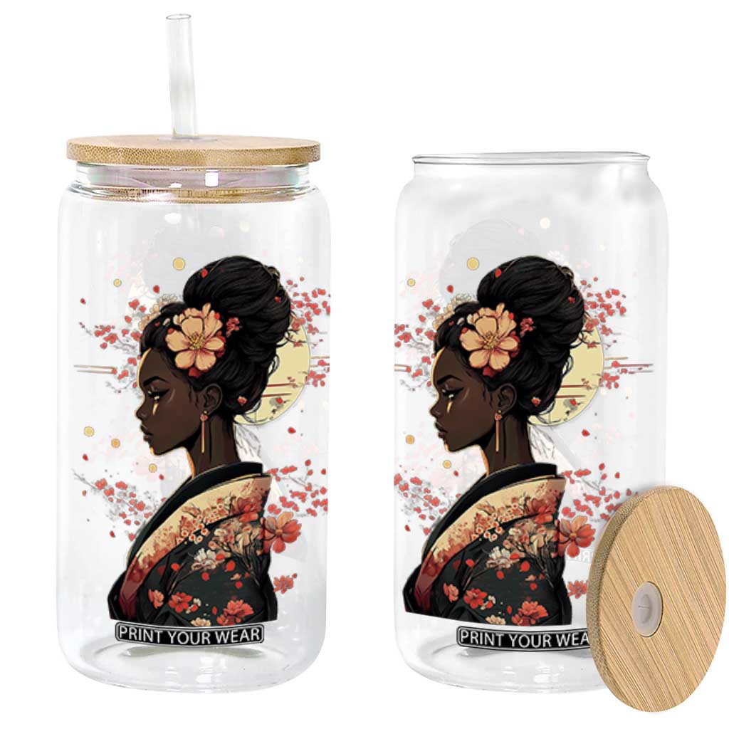 African American Geisha Kimono Blasian Japanese Sakura Glass Can TS11 Black Print Your Wear