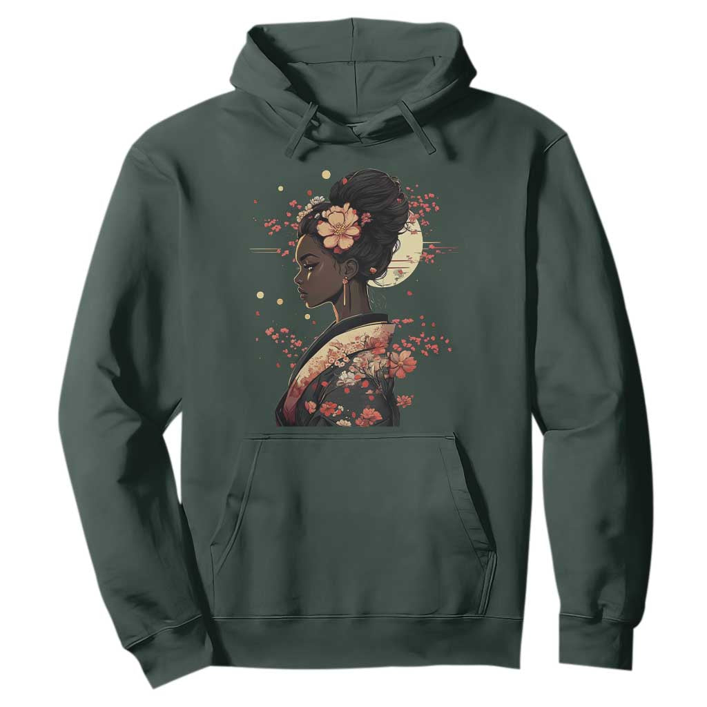 African American Geisha Kimono Blasian Japanese Sakura Hoodie TS11 Dark Forest Green Print Your Wear