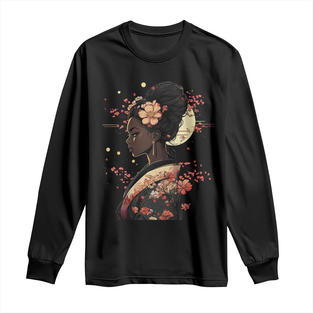 African American Geisha Kimono Blasian Japanese Sakura Long Sleeve Shirt TS11 Black Print Your Wear