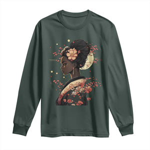African American Geisha Kimono Blasian Japanese Sakura Long Sleeve Shirt TS11 Dark Forest Green Print Your Wear