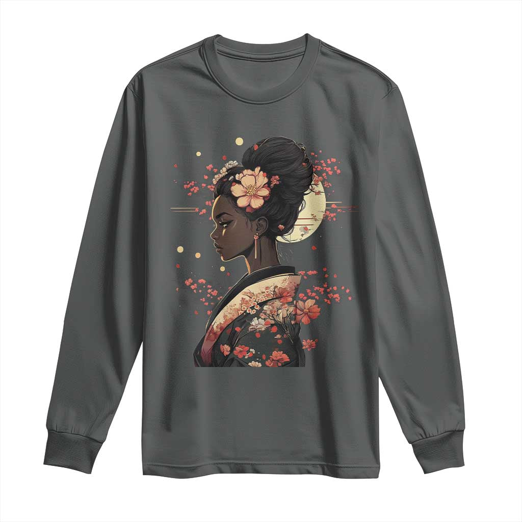 African American Geisha Kimono Blasian Japanese Sakura Long Sleeve Shirt TS11 Dark Heather Print Your Wear