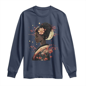 African American Geisha Kimono Blasian Japanese Sakura Long Sleeve Shirt TS11 Navy Print Your Wear