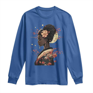 African American Geisha Kimono Blasian Japanese Sakura Long Sleeve Shirt TS11 Royal Blue Print Your Wear