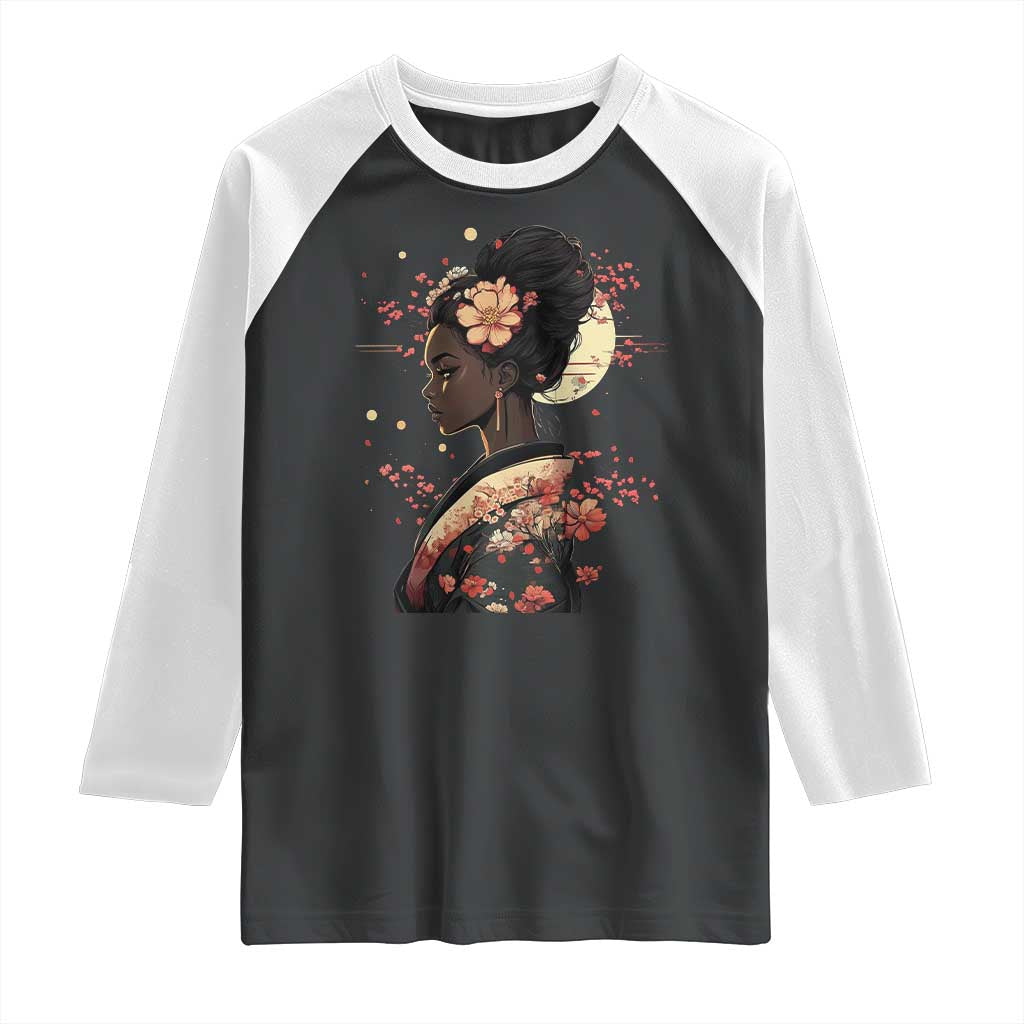 African American Geisha Kimono Blasian Japanese Sakura Raglan Shirt TS11 Black White Print Your Wear