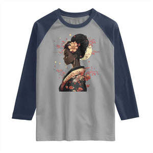 African American Geisha Kimono Blasian Japanese Sakura Raglan Shirt TS11 Sport Gray Navy Print Your Wear