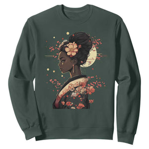 African American Geisha Kimono Blasian Japanese Sakura Sweatshirt TS11 Dark Forest Green Print Your Wear