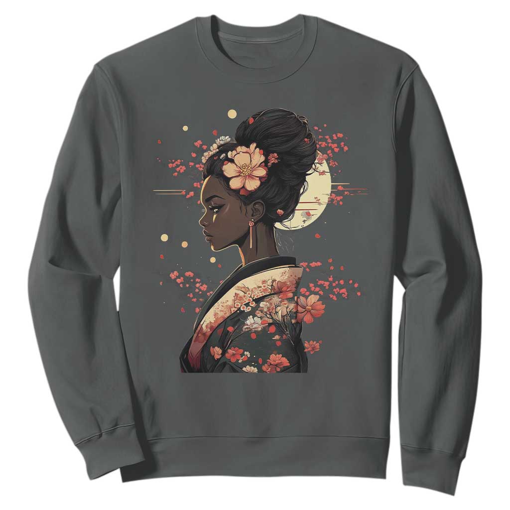 African American Geisha Kimono Blasian Japanese Sakura Sweatshirt TS11 Dark Heather Print Your Wear