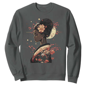 African American Geisha Kimono Blasian Japanese Sakura Sweatshirt TS11 Dark Heather Print Your Wear