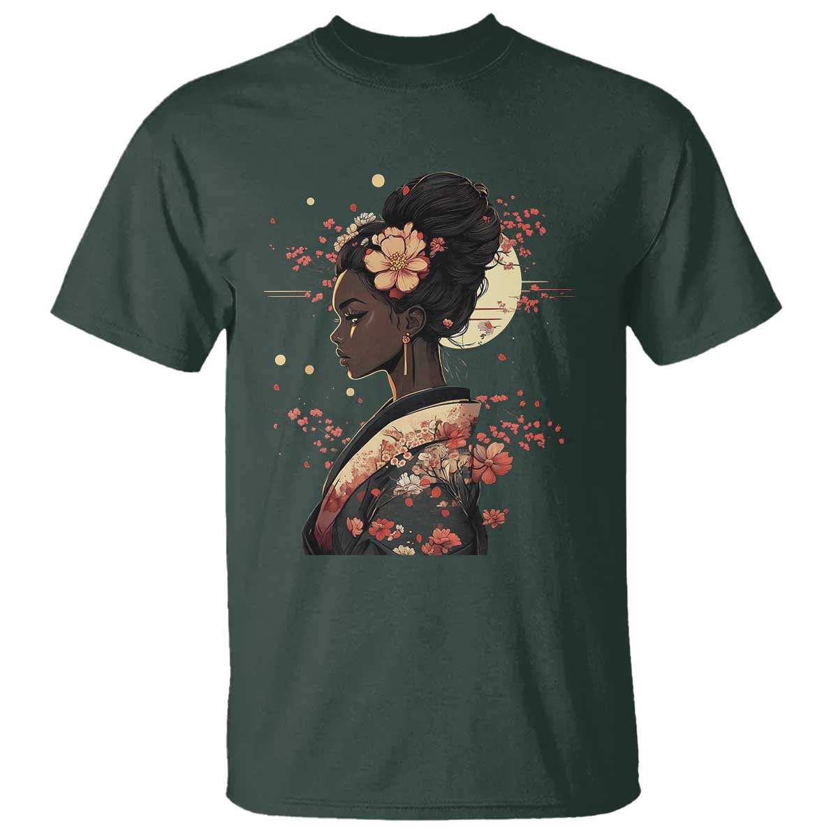 African American Geisha Kimono Blasian Japanese Sakura T Shirt TS11 Dark Forest Green Print Your Wear