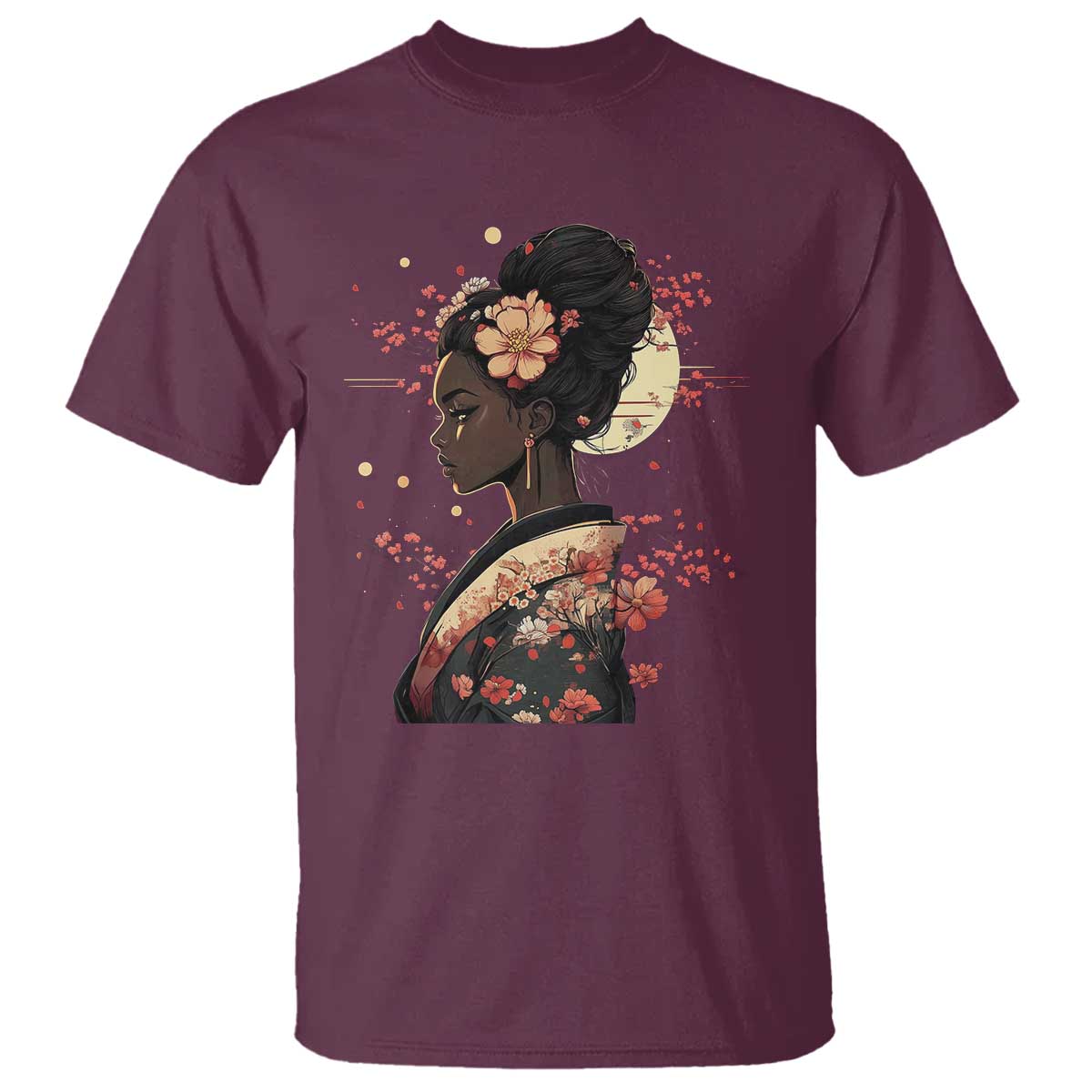 African American Geisha Kimono Blasian Japanese Sakura T Shirt TS11 Maroon Print Your Wear