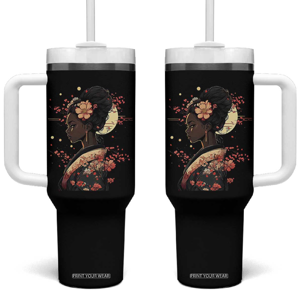 African American Geisha Kimono Blasian Japanese Sakura Tumbler With Handle TS11 One Size: 40 oz Black Print Your Wear